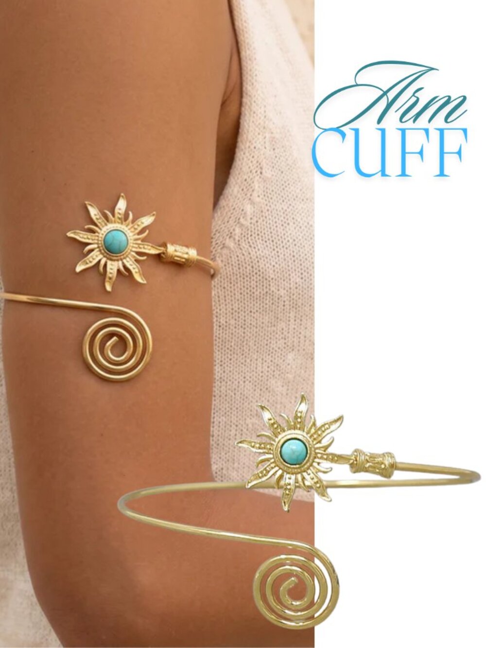 Gold Plated Sun Solstice Turquoise Stone Boho Arm Cuff Body Jewelry Bracelet